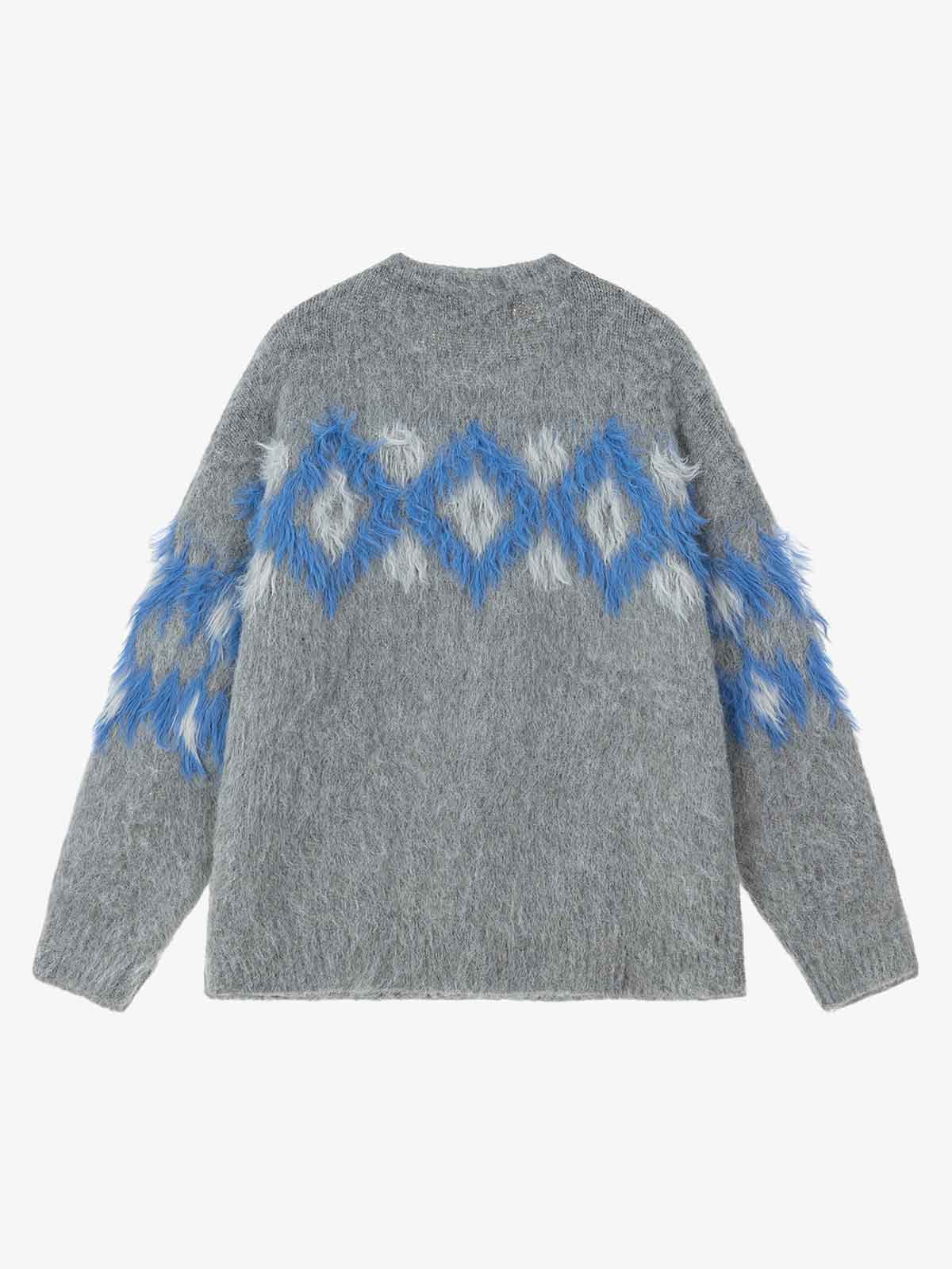 Retro Fuzzy Argyle Jacquard Knit Sweater