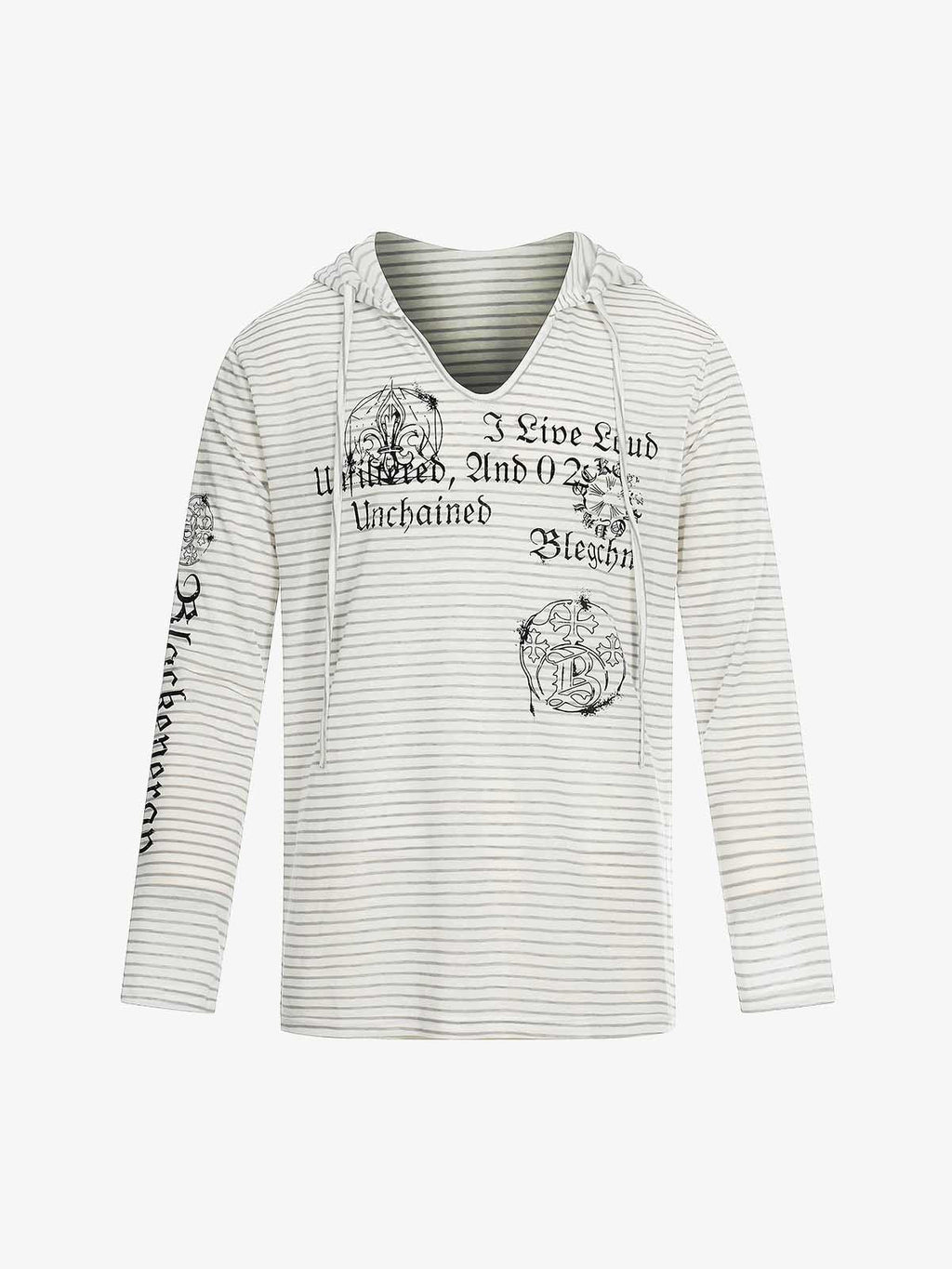 Graphic Print and V-Neck Striped Long Sleeve Hooded T-Shirt