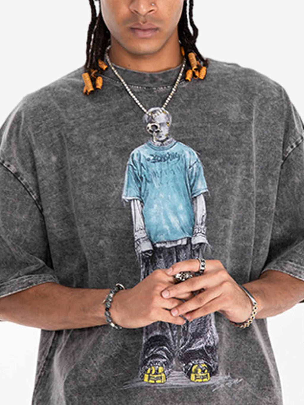 Vintage Washed Skeleton Graphic Oversized T-Shirt