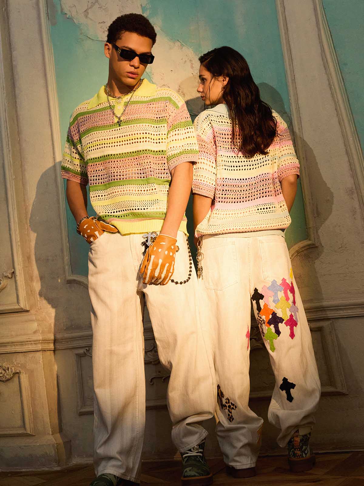 Colorful Cross Patch Straight Leg with Detachable Chain Jeans