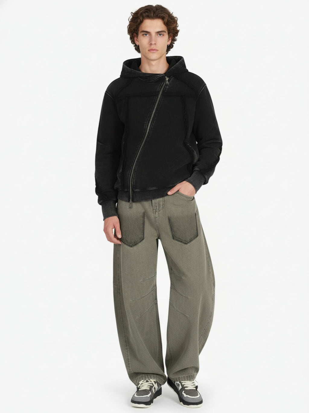 Retro Asymmetric Zip Up Deconstructed Hoodie