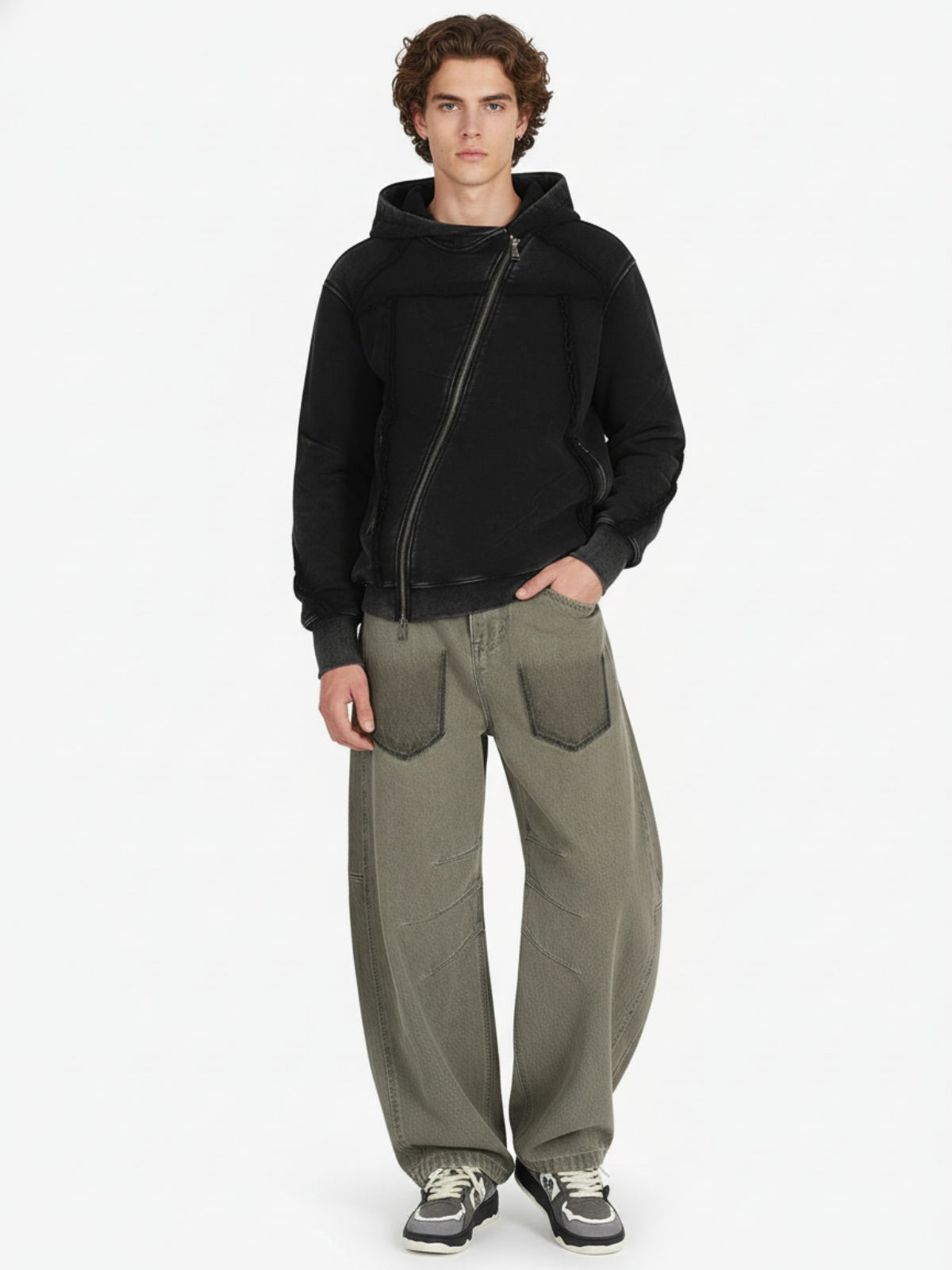 Retro Asymmetric Zip Up Deconstructed Hoodie