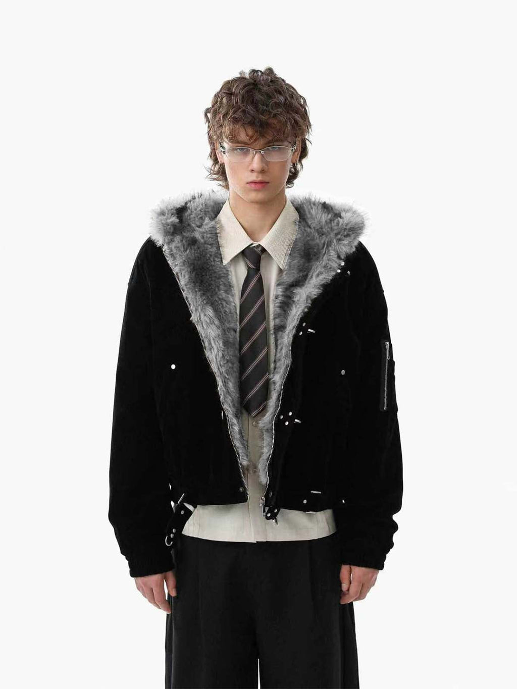 Streetwear Metal Clip Faux Fur Hooded Suede Bomber Jacket - 2597