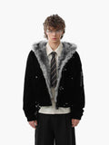 Streetwear Metal Clip Faux Fur Hooded Suede Bomber Jacket - 2597