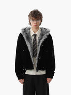 Streetwear Metal Clip Faux Fur Hooded Suede Bomber Jacket - 2597