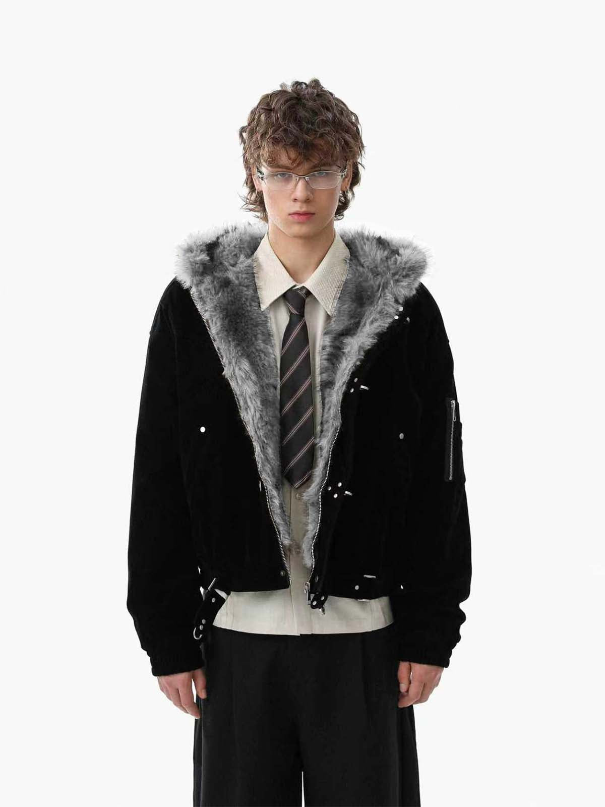 Streetwear Metal Clip Faux Fur Hooded Suede Bomber Jacket - 2597