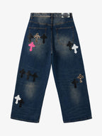 Distressed Cross Patchwork Washed Baggy Jeans