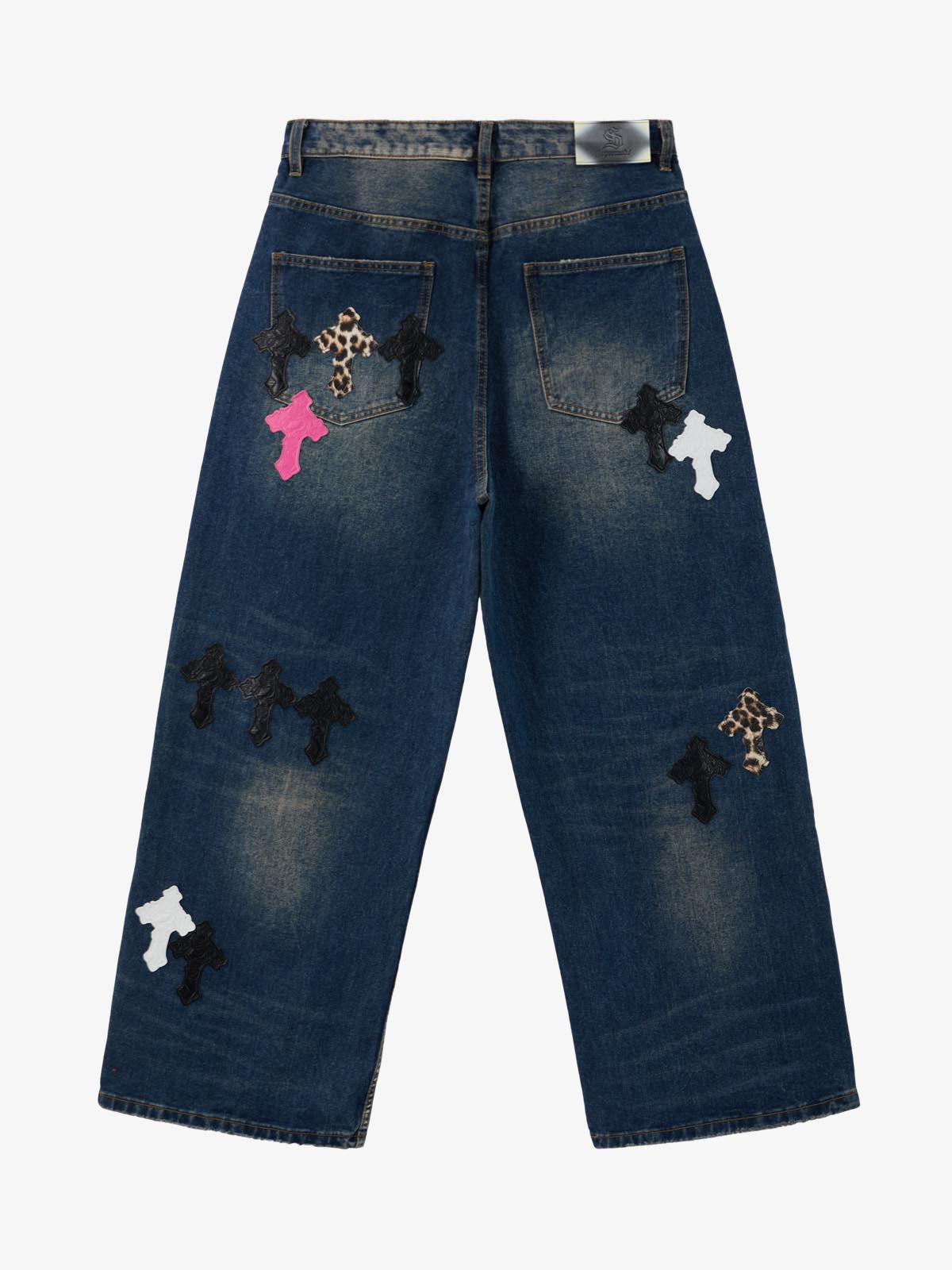 Distressed Cross Patchwork Washed Baggy Jeans