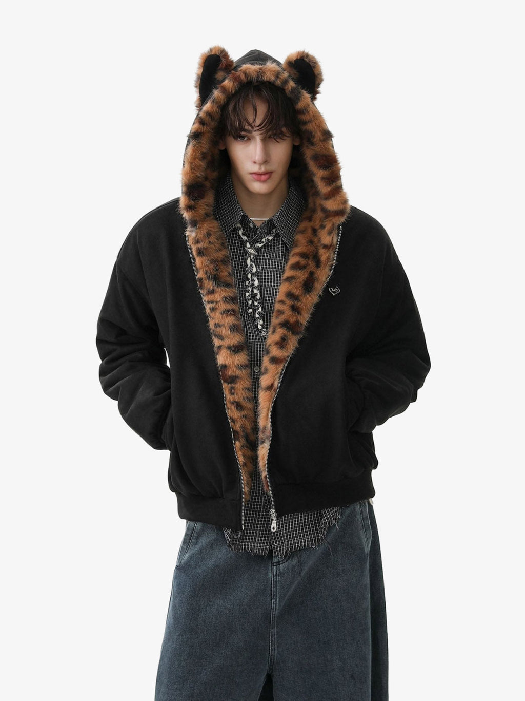 Tiger Print With Ears Hooded Fur Jacket