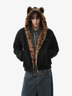 Tiger Print With Ears Hooded Fur Jacket