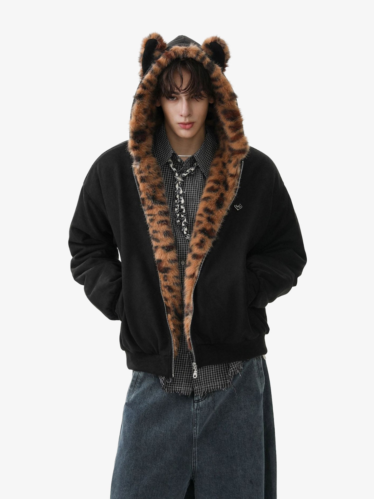 Tiger Print With Ears Hooded Fur Jacket