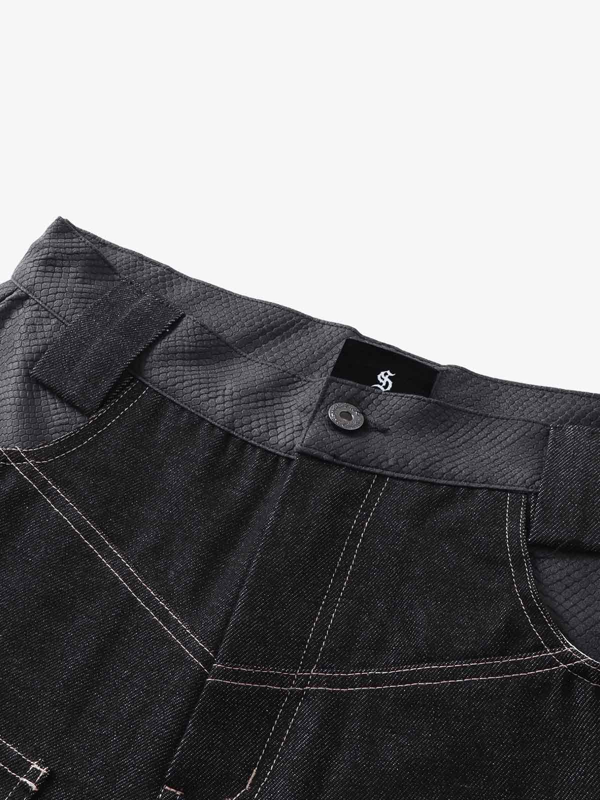 Flame Embroidered Wide Leg Washed Denim Jeans