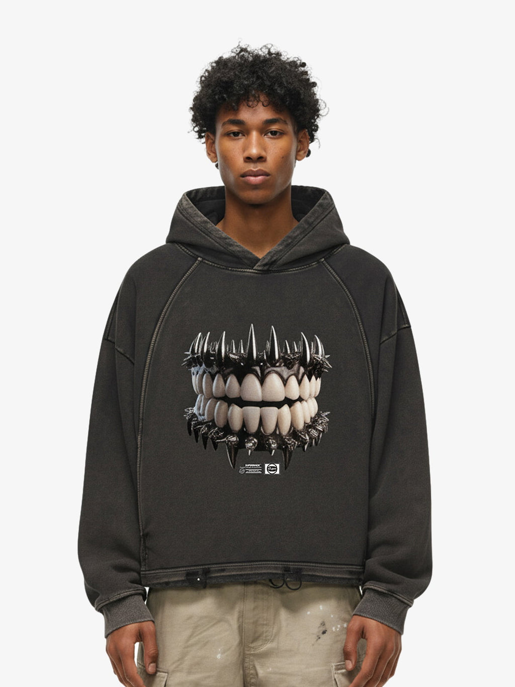 Dark Monster Teeth Graphic Cropped Hoodie