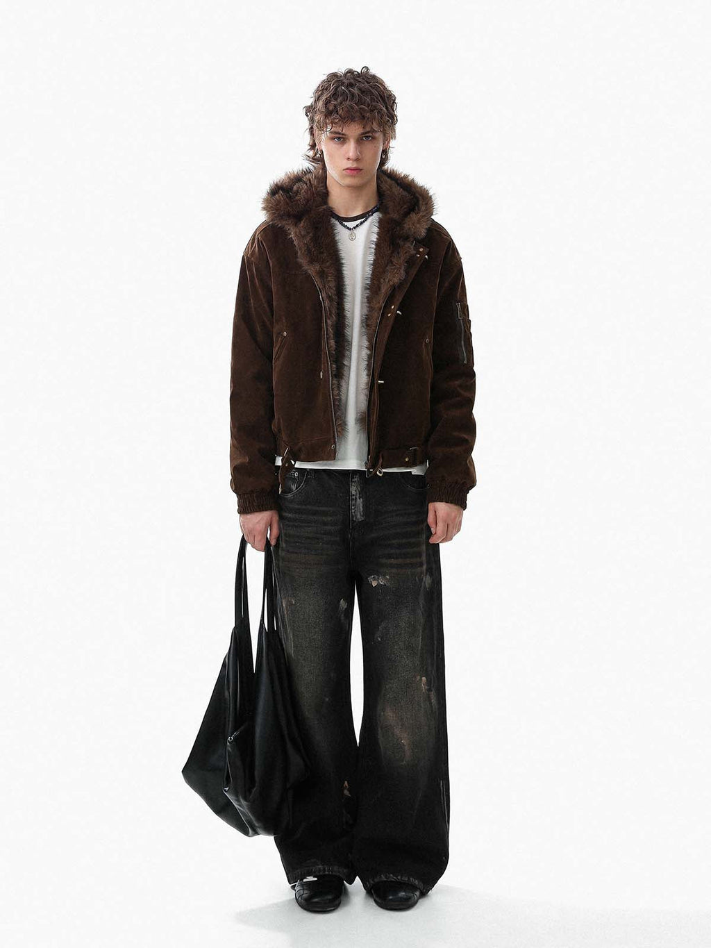 Streetwear Metal Clip Faux Fur Hooded Suede Bomber Jacket - 2597