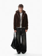 Streetwear Metal Clip Faux Fur Hooded Suede Bomber Jacket - 2597