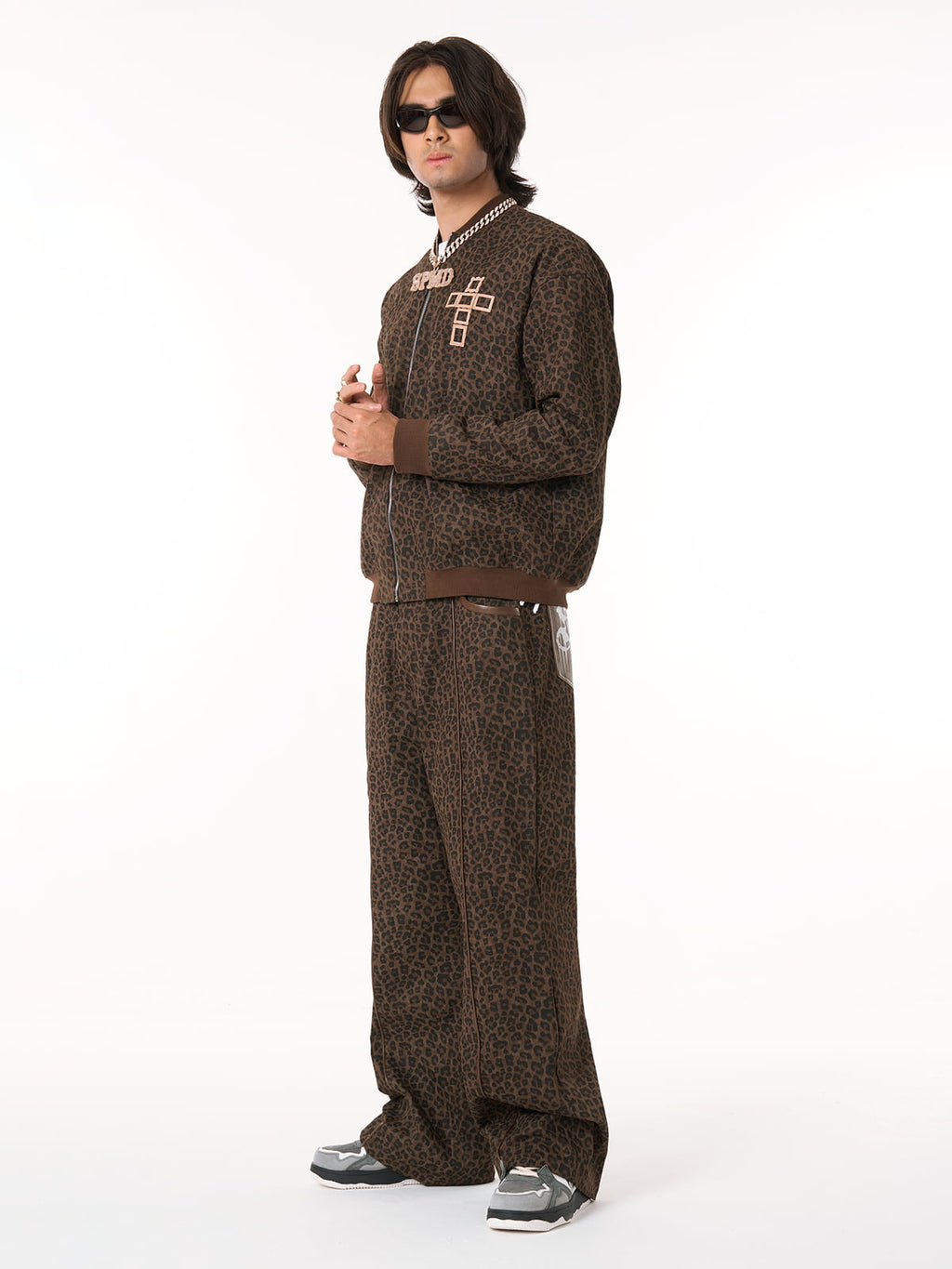SUPM Graffiti Print Leather Leopard Print Baggy Pants