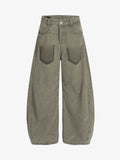 High Waist Pleated Barrel Leg Washed Pants