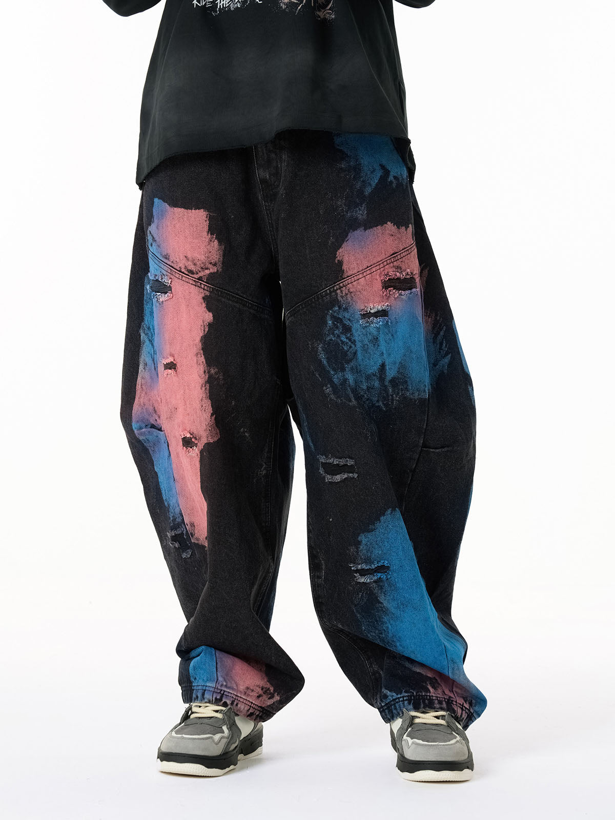 Vintage Tie-Dye Contrast Color Ripped Barrel Jeans