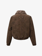 Retro Suede Texture Shearling Collar Fleece Bomber Jacket