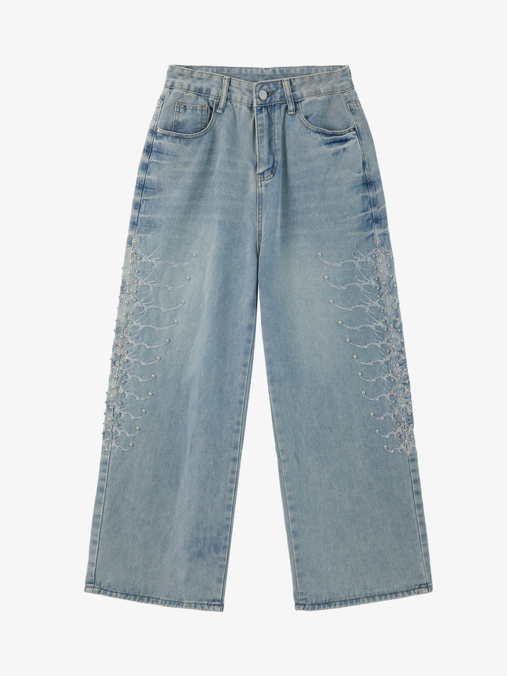 Distressed Studded Embroidery Washed Wide Leg Jeans