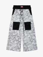Camo Embroidered Double Waist Lace-Up Wide Leg Cargo Pants - 2599