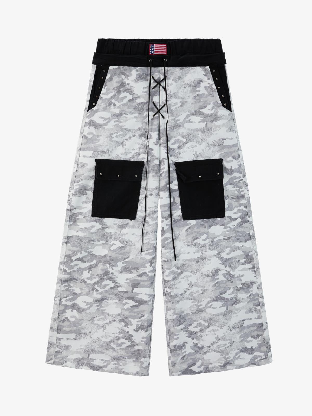 Camo Embroidered Double Waist Lace-Up Wide Leg Cargo Pants - 2599