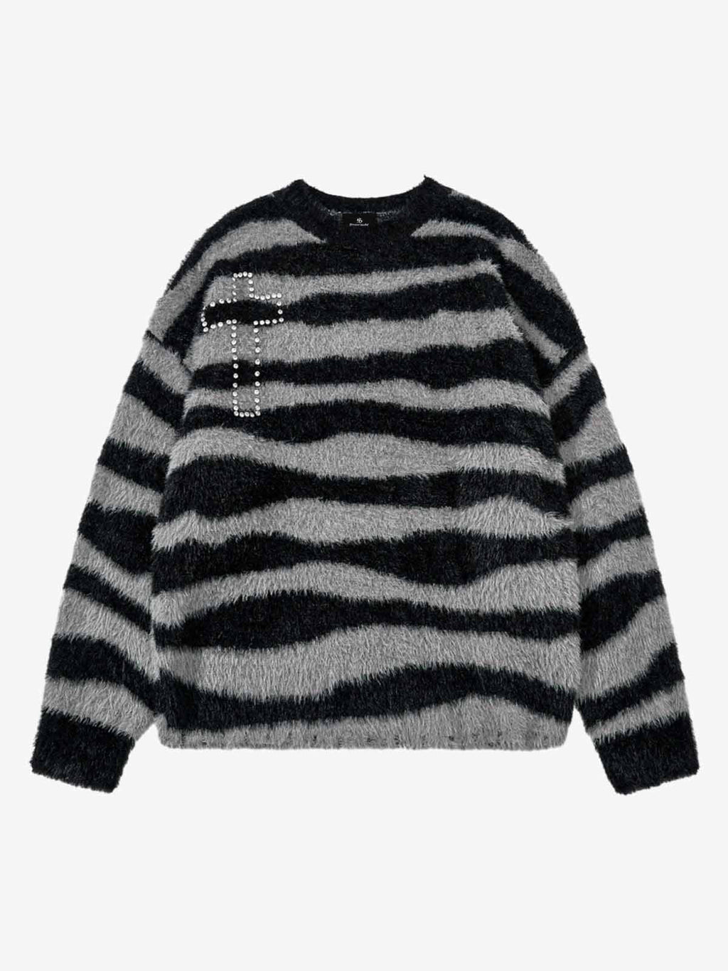 Retro Rhinestone Cross Fuzzy Zebra Stripe Sweater