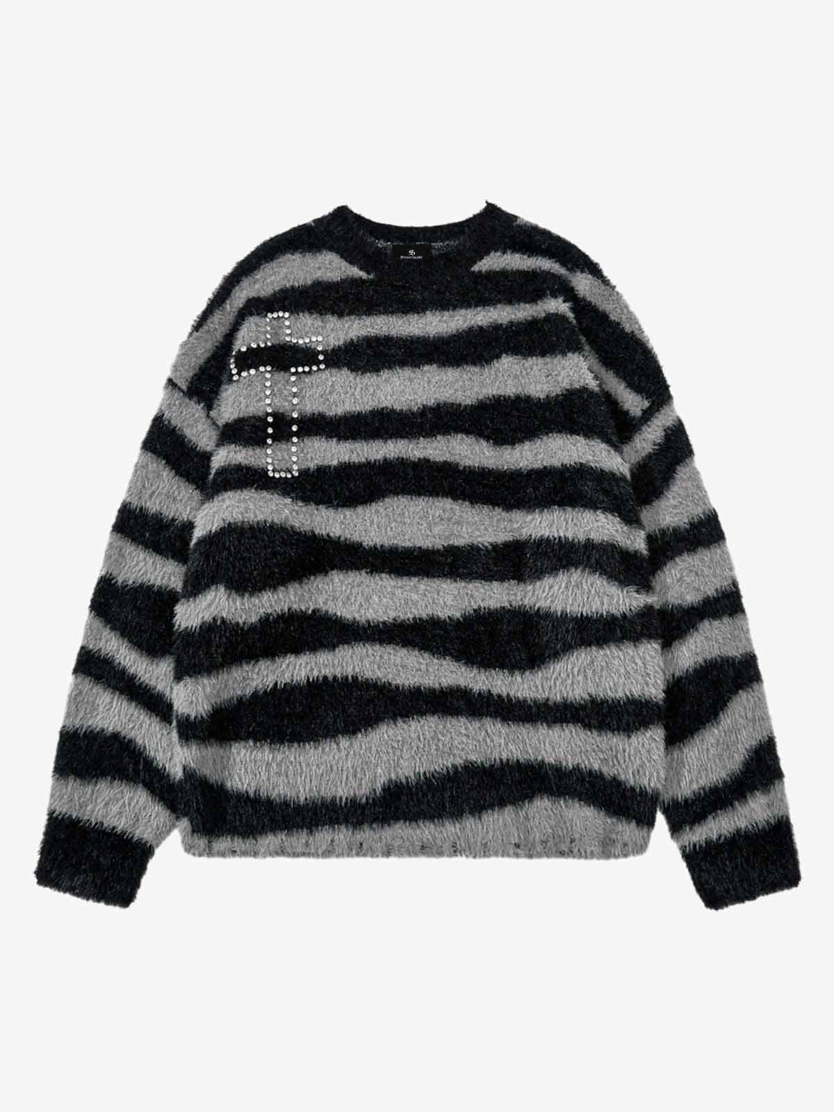 Retro Rhinestone Cross Fuzzy Zebra Stripe Sweater