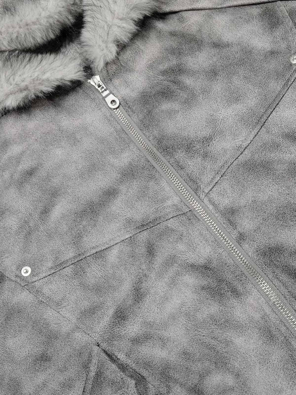 Faux Suede Vintage Wash Fur Hood Padded Jacket - 2553