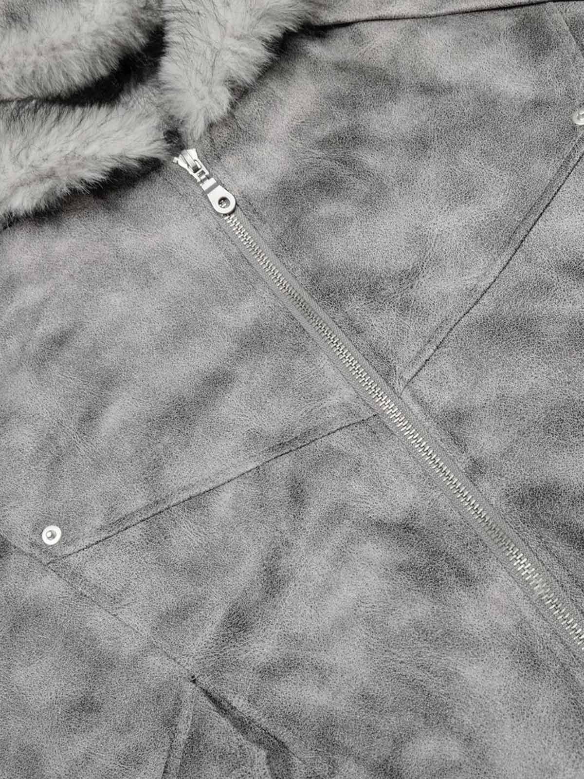 Faux Suede Vintage Wash Fur Hood Padded Jacket - 2553