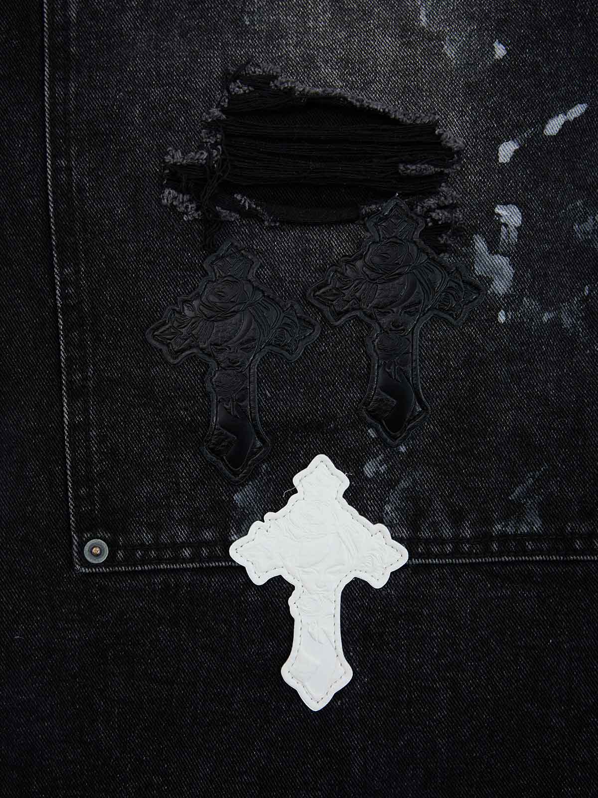 Distressed Cross Patchwork Baggy Denim Jeans - 2613