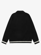 Retro Striped Contrast Panel Button-Up Collar Sweater