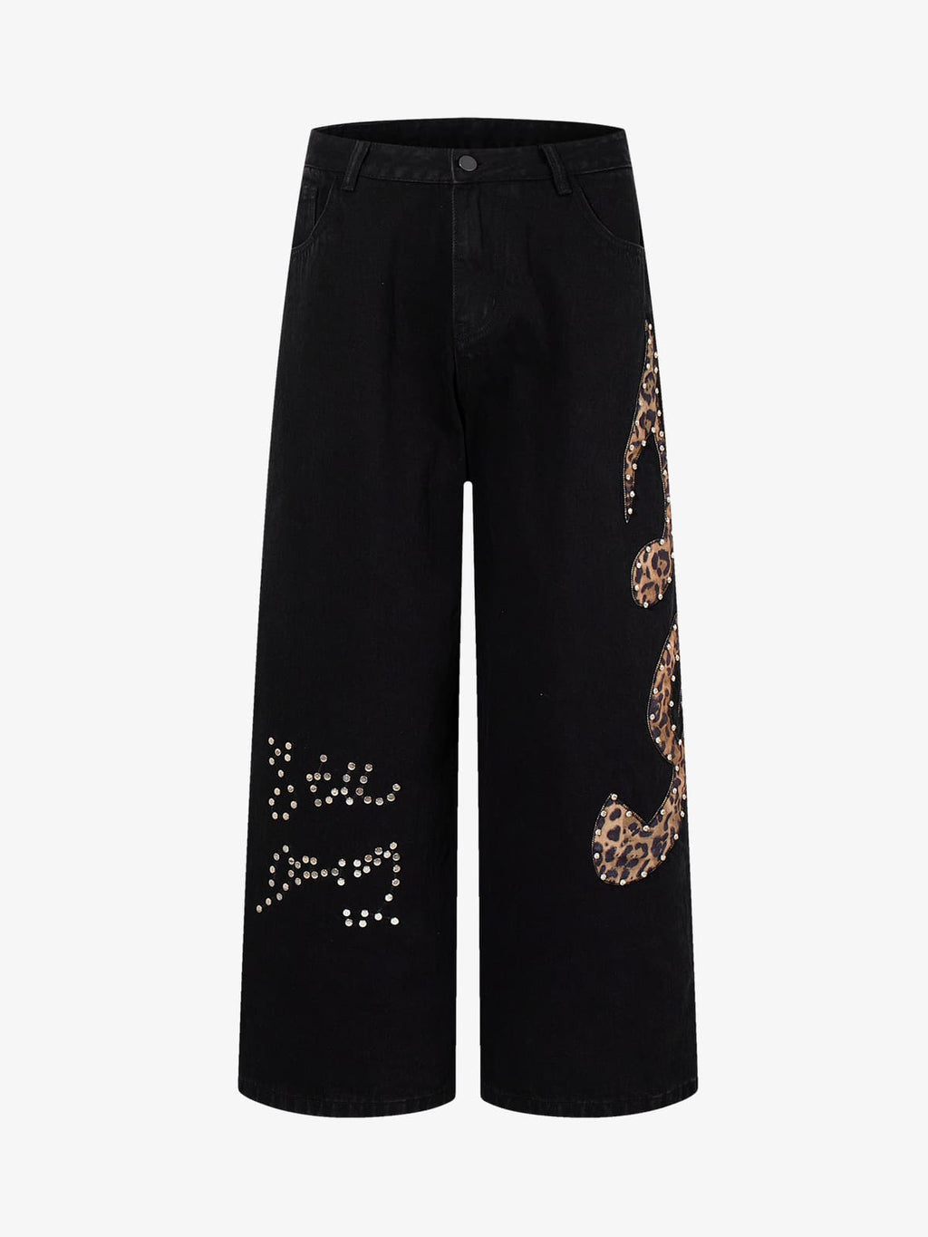 Retro Rhinestone Leopard Patch Music Note Straight Jeans