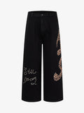 Retro Rhinestone Leopard Patch Music Note Straight Jeans