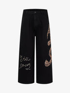 Retro Rhinestone Leopard Patch Music Note Straight Jeans