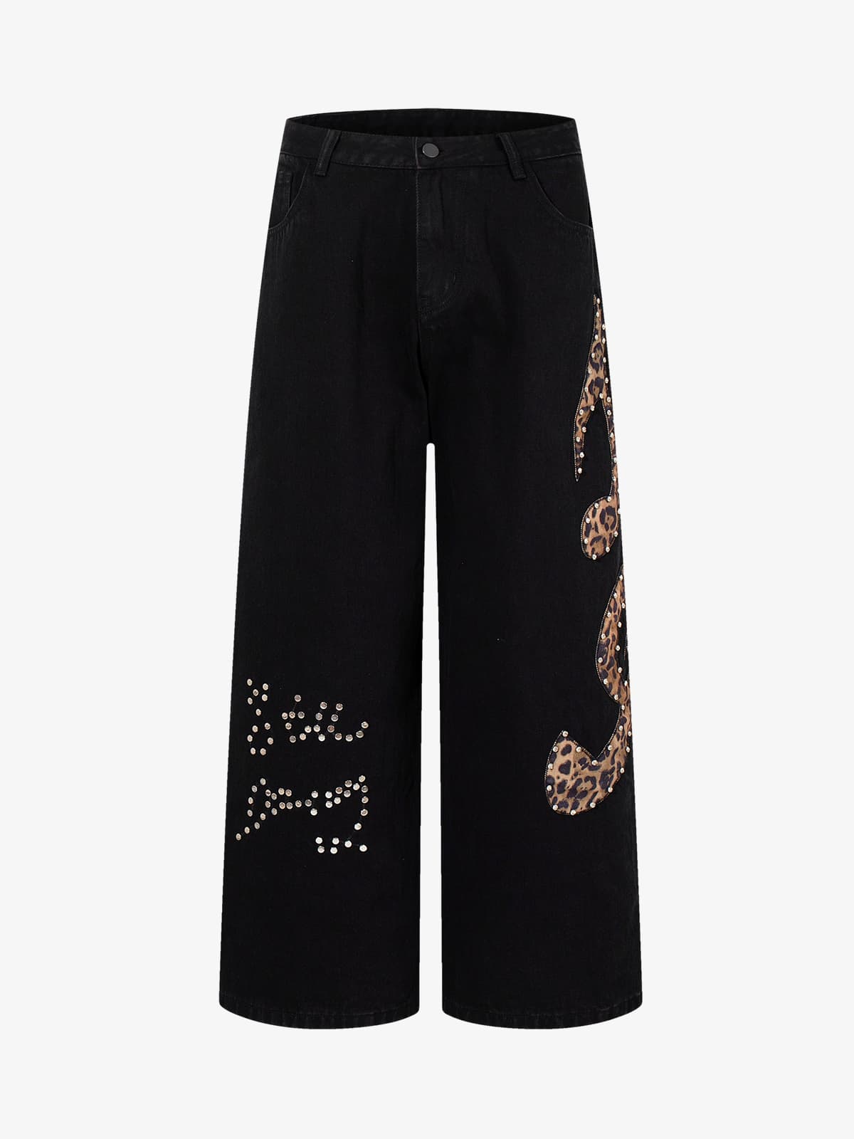 Retro Rhinestone Leopard Patch Music Note Straight Jeans