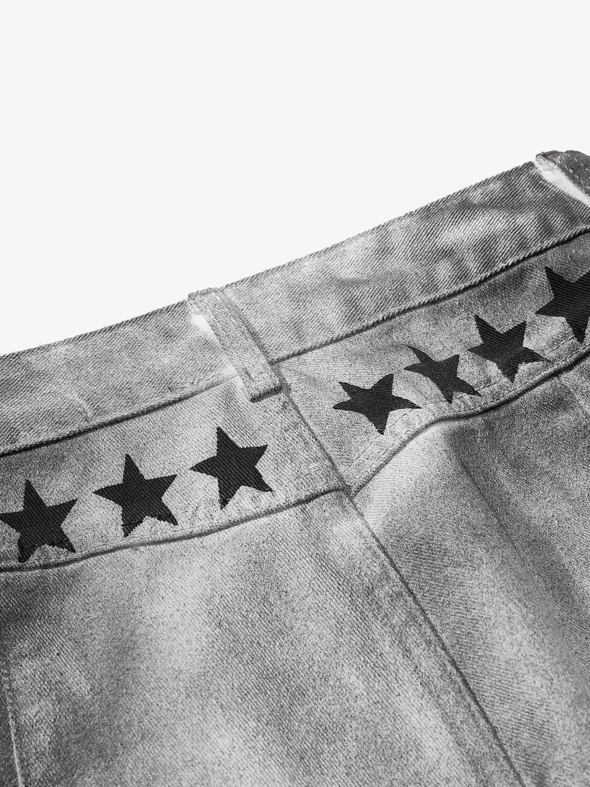 Distressed Dirty Wash Text Graphic Star Trim Straight Leg Pants