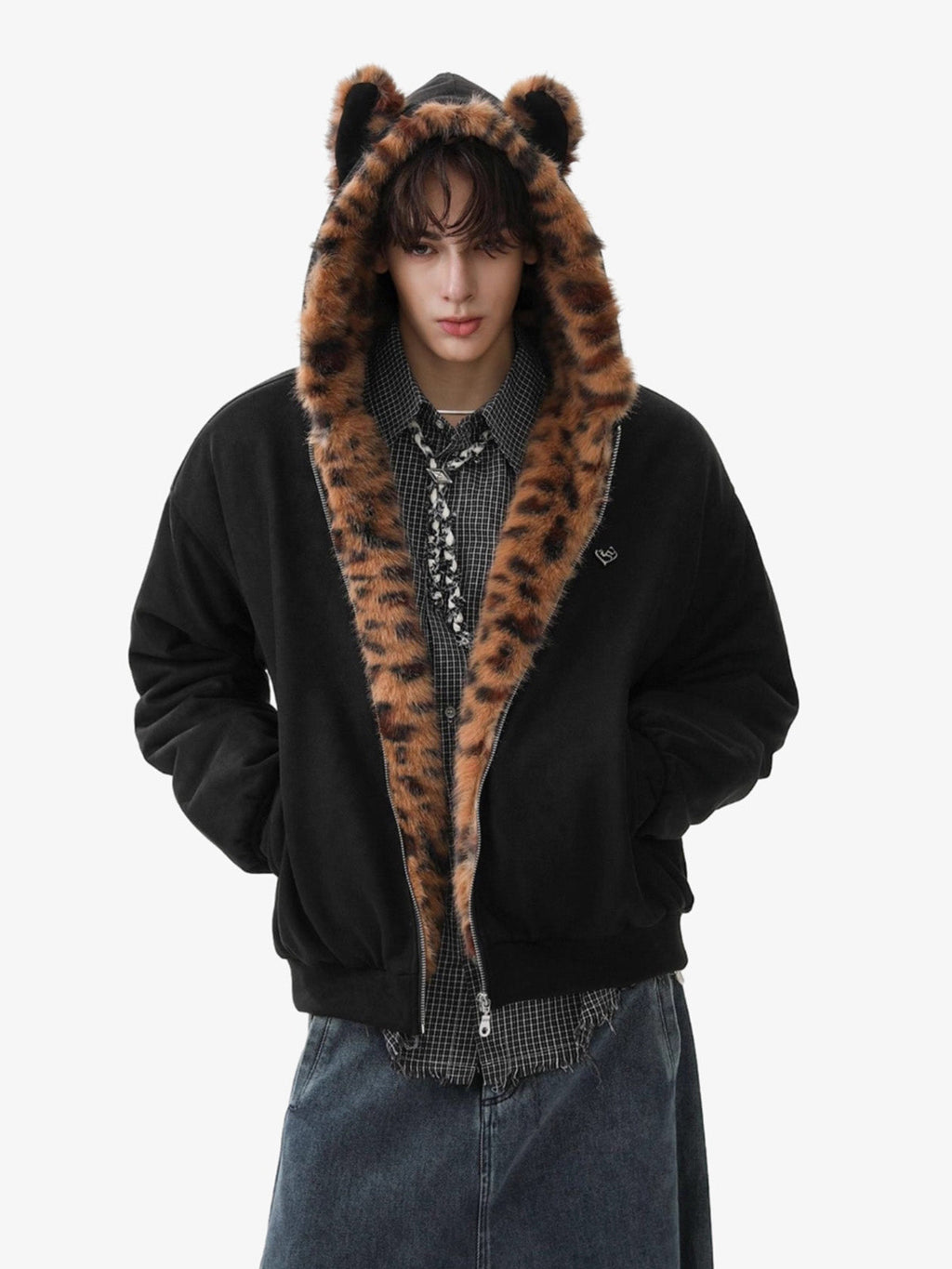 Tiger Print With Ears Hooded Fur Jacket