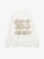 Retro Fuzzy Letter Patch Textured Knit Sweater
