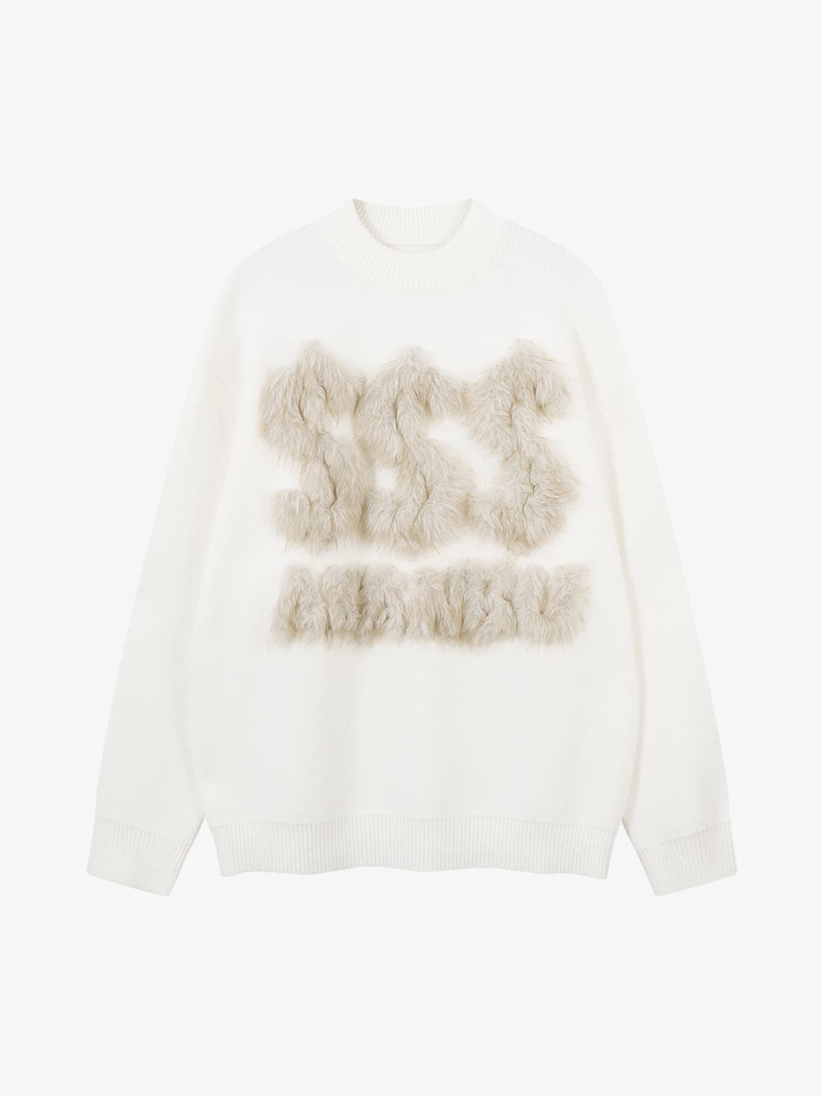 Retro Fuzzy Letter Patch Textured Knit Sweater