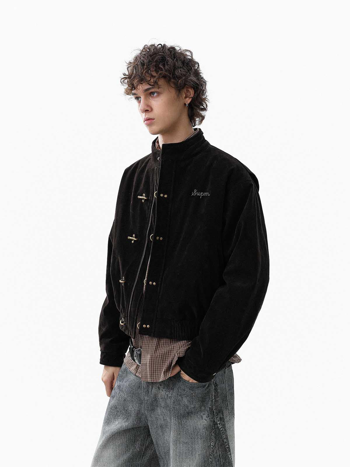 Vintage Suede Embroidered Metal Clip Down Jacket