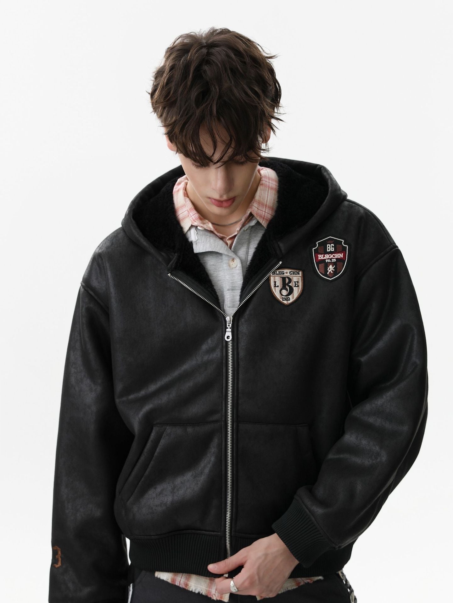 Vintage Leather Badge Fleece-lined Hooded Zip Bomber Jacket - 2547