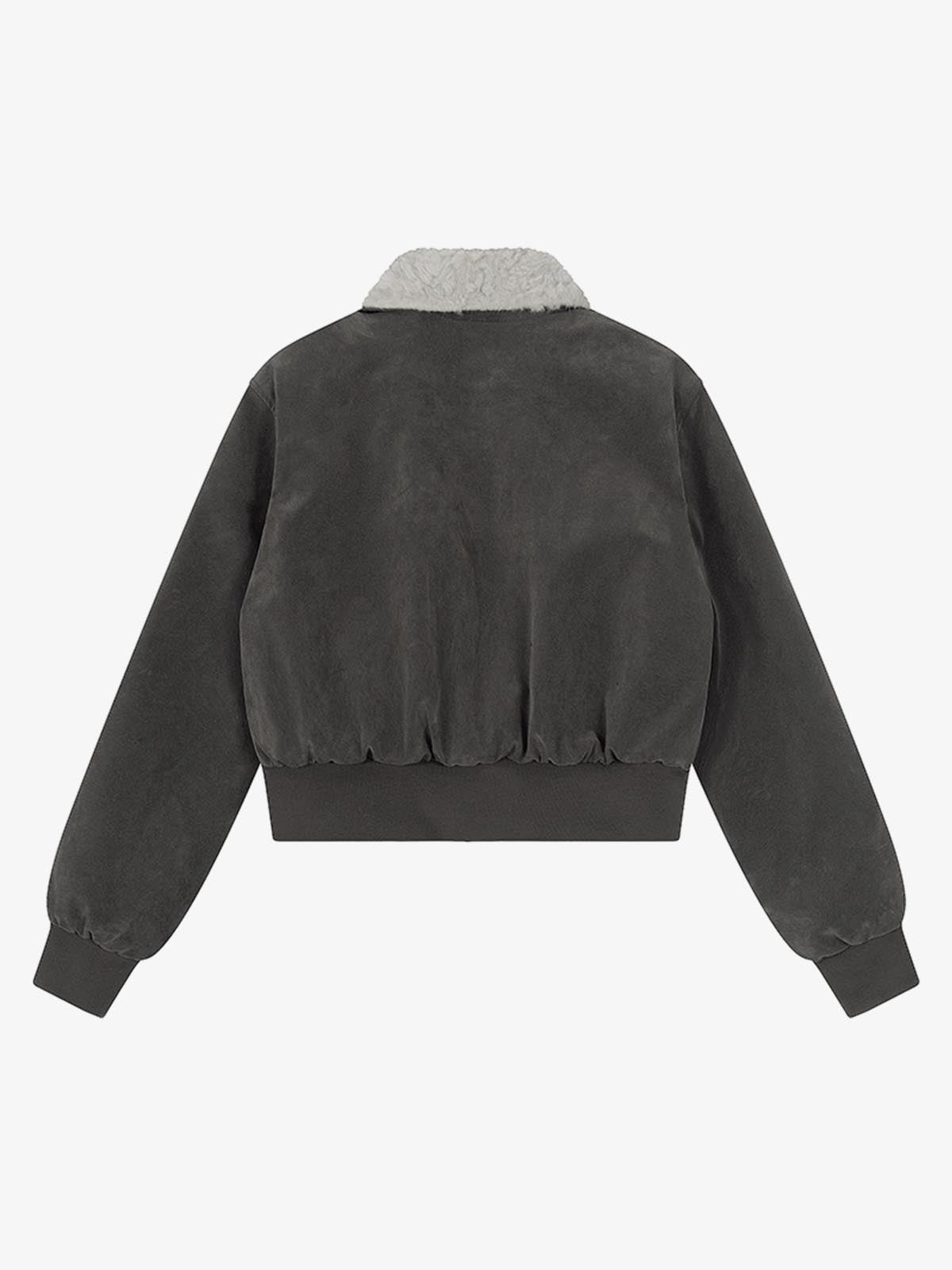 Utility Faux Shearling Collar Suede Look Zip Up Jacket