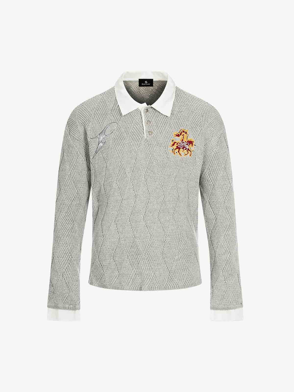 Retro Contrast Collar Embroidery Knit Sweater