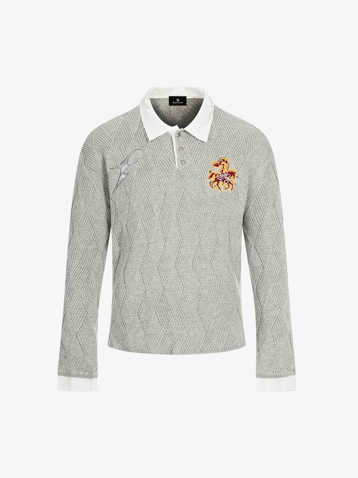 Retro Contrast Collar Embroidery Knit Sweater