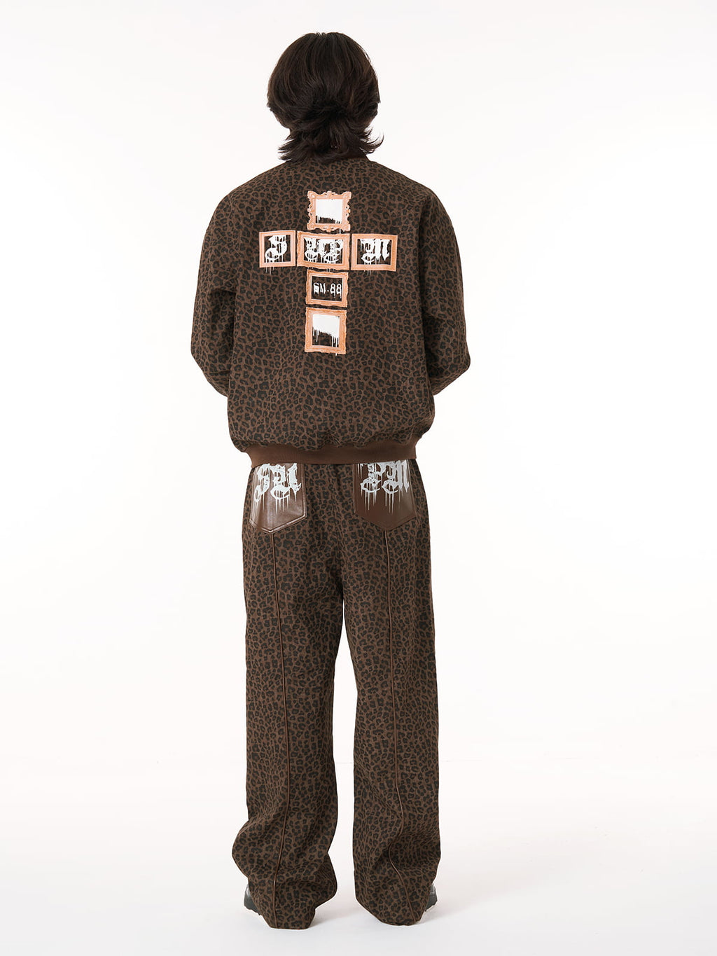 SUPM Graffiti Print Leather Leopard Print Baggy Pants