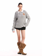 Retro Contrast Collar Embroidery Knit Sweater