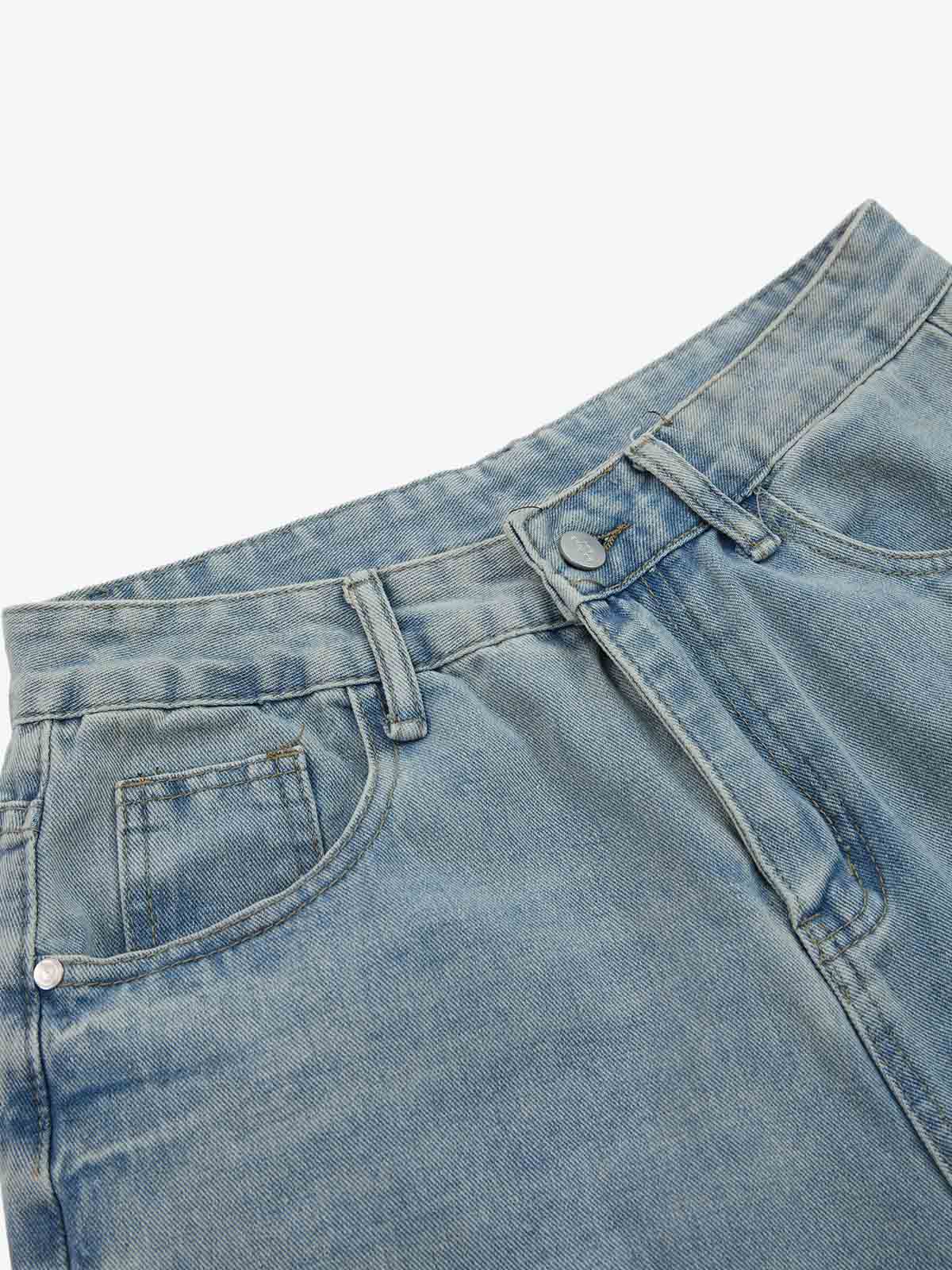 Distressed Studded Embroidery Washed Wide Leg Jeans