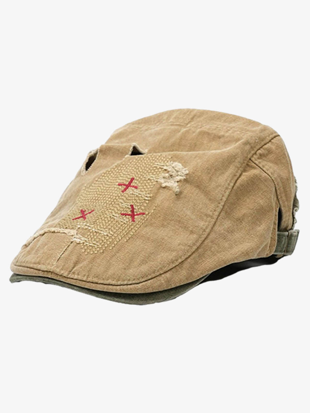 Distressed Patchwork Embroidered Cotton Flat Cap