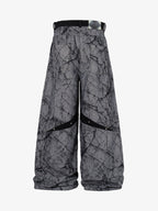 Crackle Print Panel Studded Pleated Denim Jeans